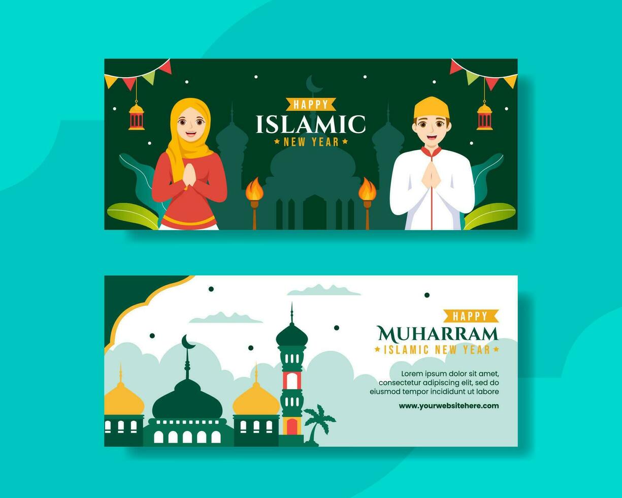 Happy Muharram Islamic New Year Horizontal Banner Cartoon Hand Drawn Templates Background Illustration vector