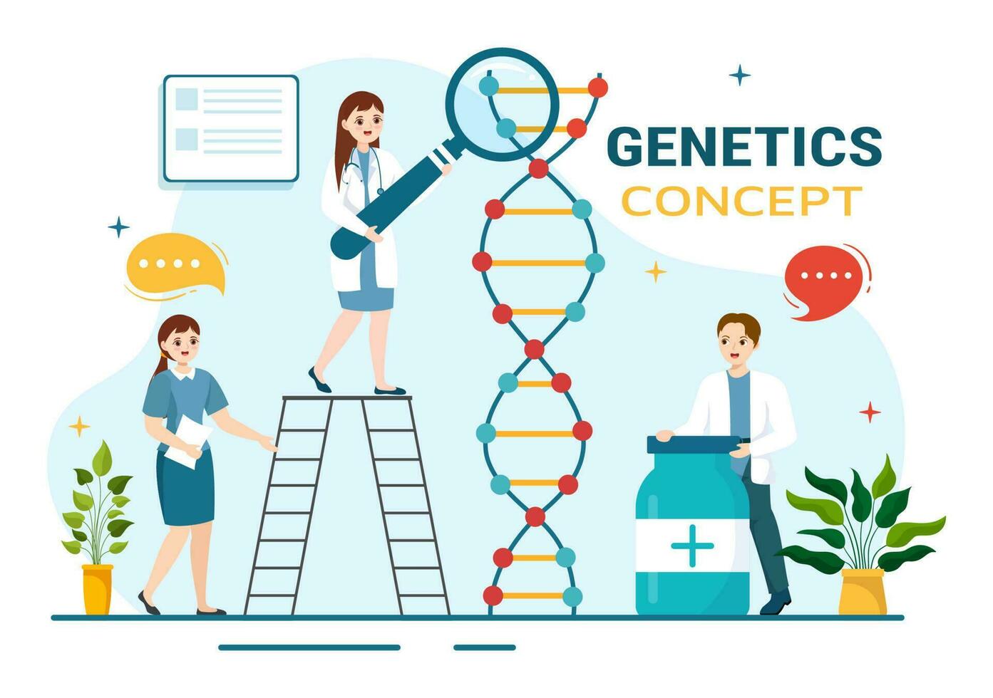 genético Ciencias concepto vector ilustración con adn molécula estructura y Ciencias tecnología en cuidado de la salud plano dibujos animados mano dibujado plantillas