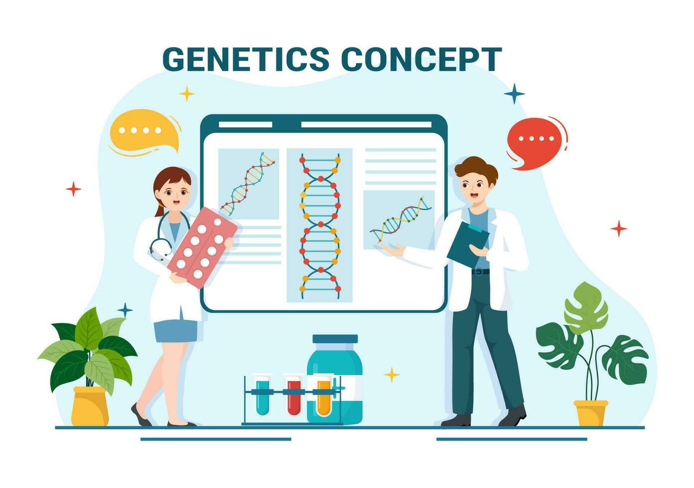 genético Ciencias concepto vector ilustración con adn molécula estructura y Ciencias tecnología en cuidado de la salud plano dibujos animados mano dibujado plantillas