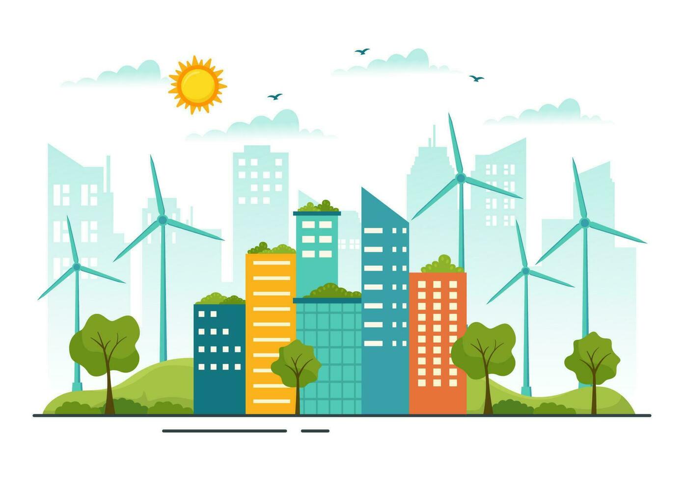 Energy Efficiency in the City Vector Illustration with Sustainable Environment for Electricity Generated From Sun and Wind in Hand Drawn Templates