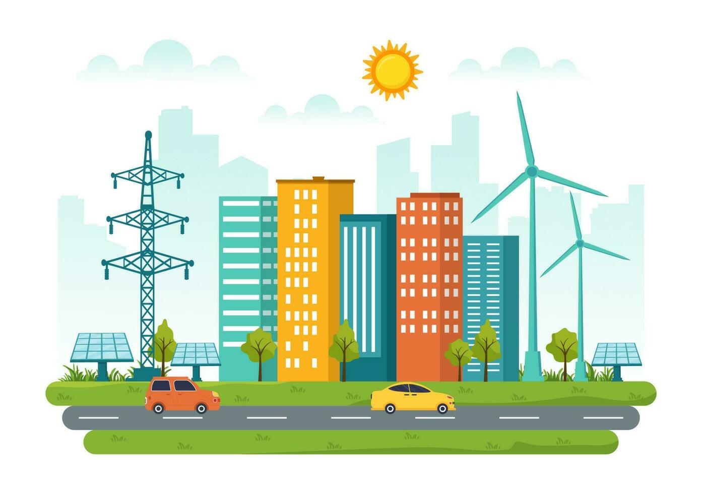 Energy Efficiency in the City Vector Illustration with Sustainable Environment for Electricity Generated From Sun and Wind in Hand Drawn Templates