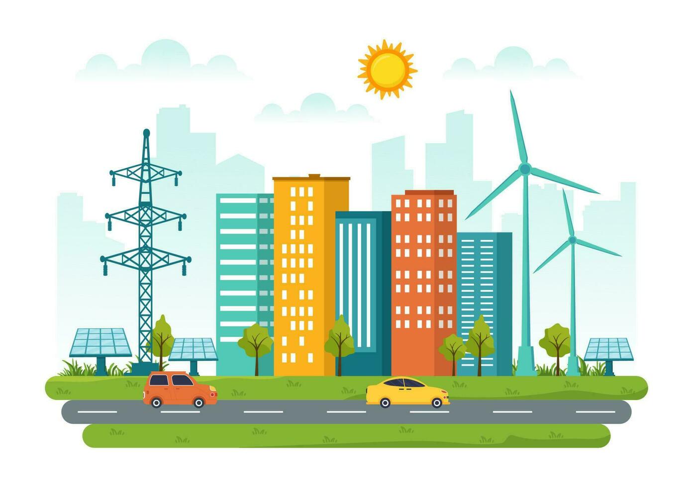 Energy Efficiency in the City Vector Illustration with Sustainable Environment for Electricity Generated From Sun and Wind in Hand Drawn Templates