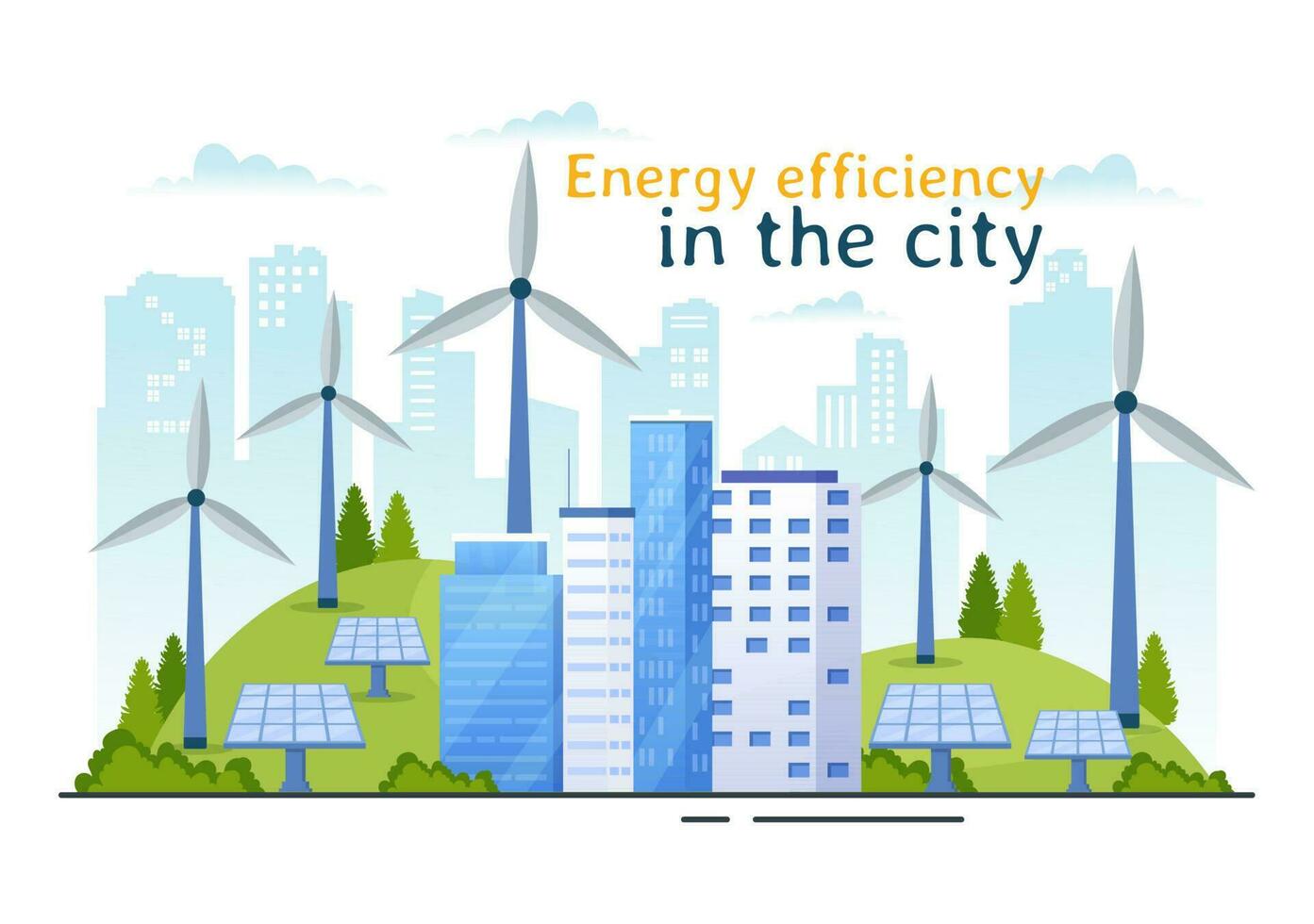 Energy Efficiency in the City Vector Illustration with Sustainable Environment for Electricity Generated From Sun and Wind in Hand Drawn Templates