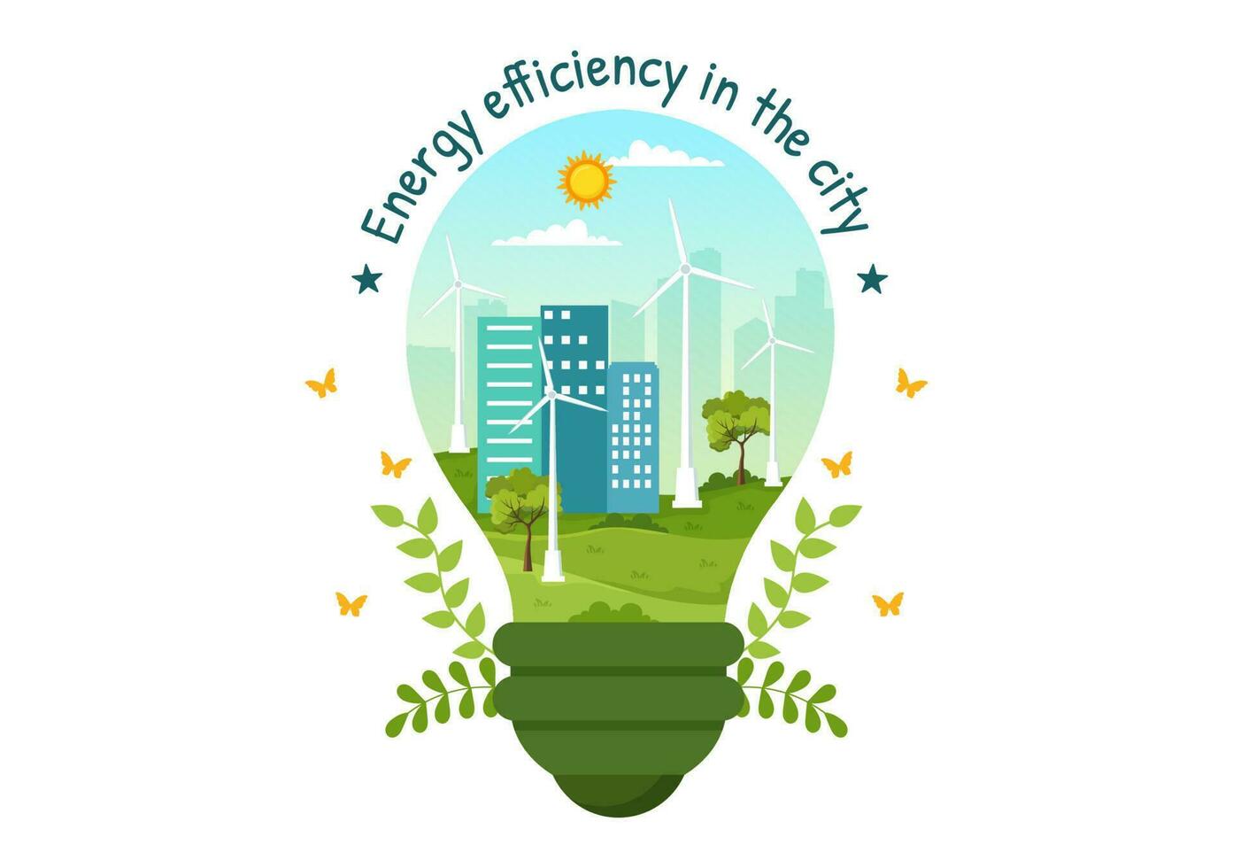 Energy Efficiency in the City Vector Illustration with Sustainable Environment for Electricity Generated From Sun and Wind in Hand Drawn Templates