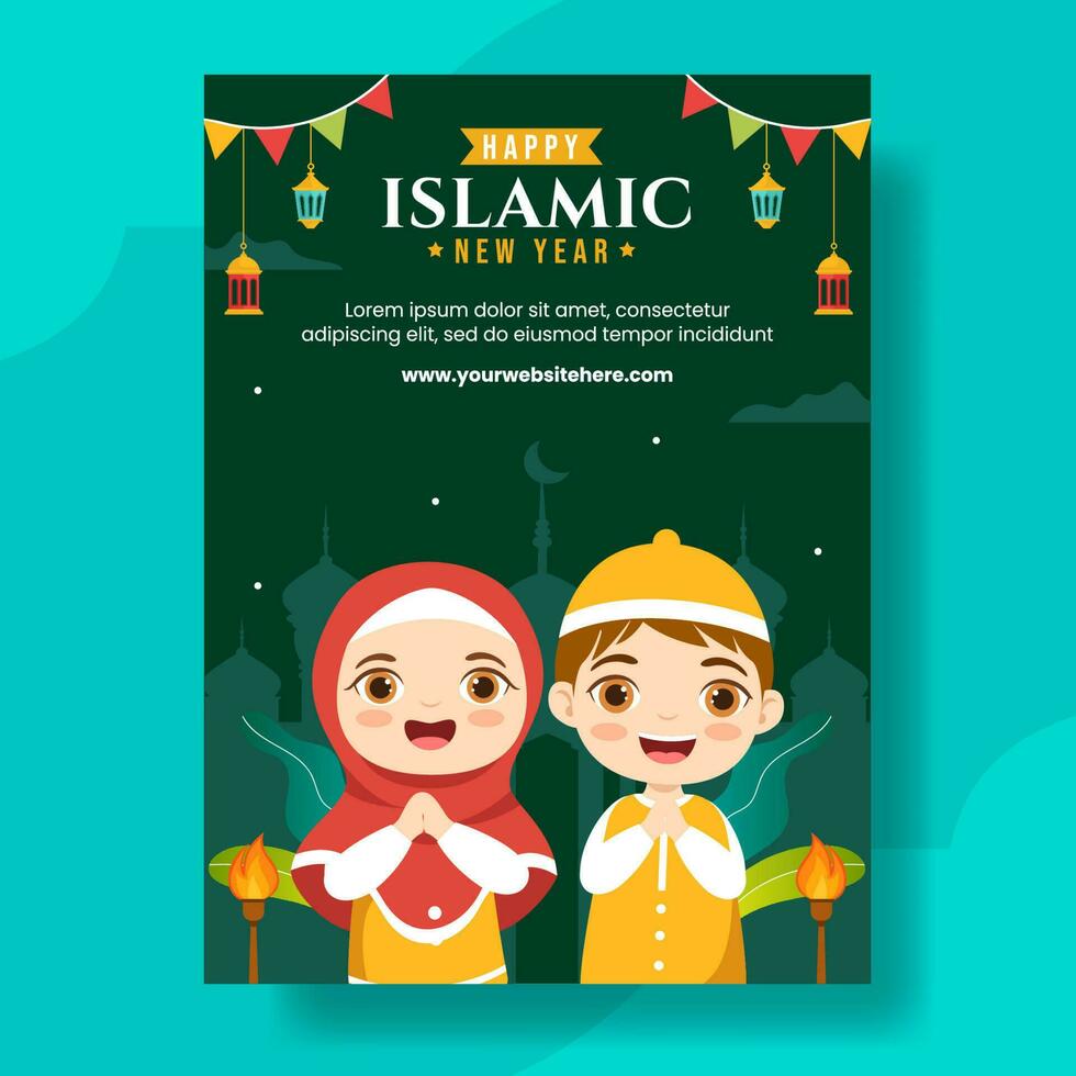 contento muharram islámico nuevo año vertical póster plano dibujos animados mano dibujado plantillas antecedentes ilustración vector