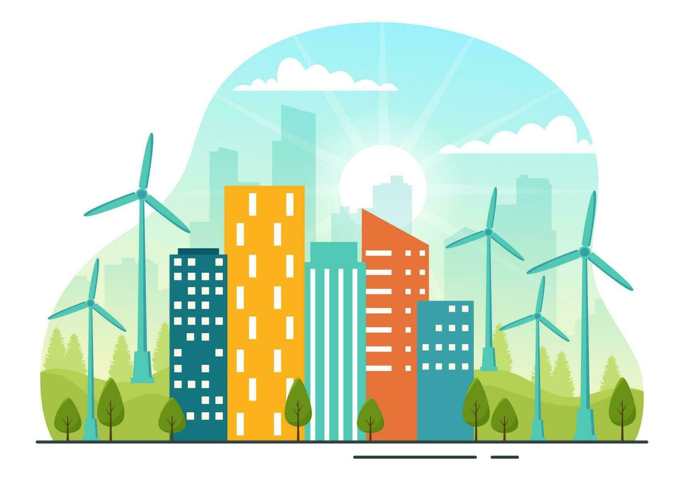 Energy Efficiency in the City Vector Illustration with Sustainable Environment for Electricity Generated From Sun and Wind in Hand Drawn Templates