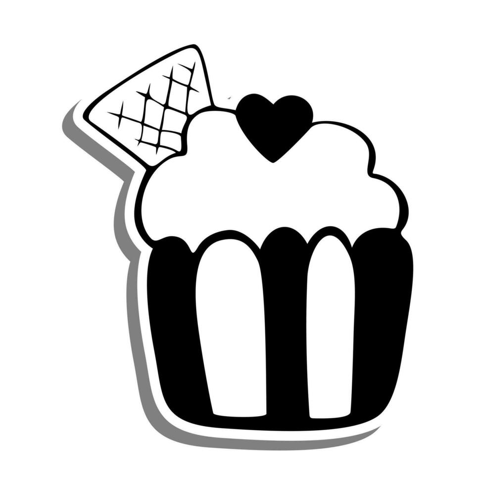 Monochrome Cupcake with Wafer and Heart on white silhouette and Gray shadow. Vector illustration for decoration or any design.