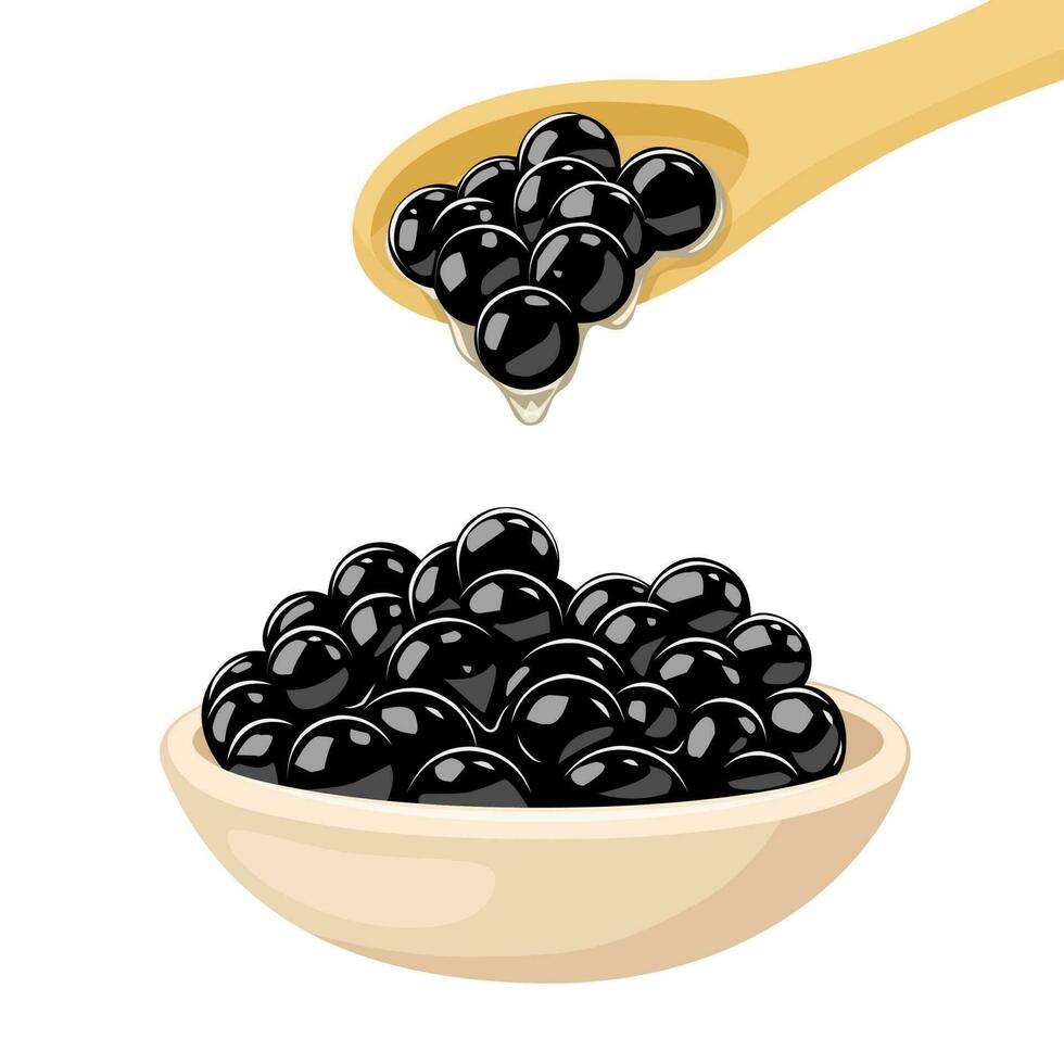 Vector illustration, Black tapioca pearls in a bowl, for bubble milk tea drink, isolated on white background.