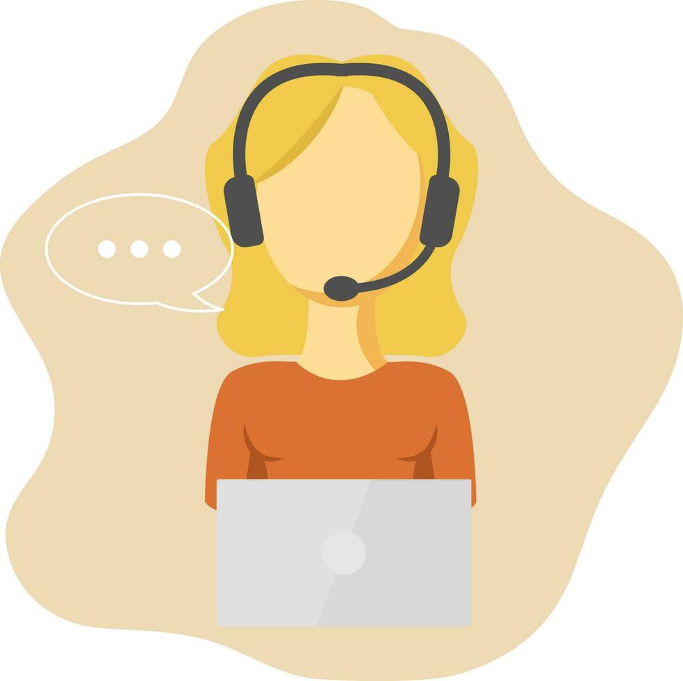 Customer service icon in flat design. Female call center with headphones and microphone is using laptop. Symbols of help and support teams. vector