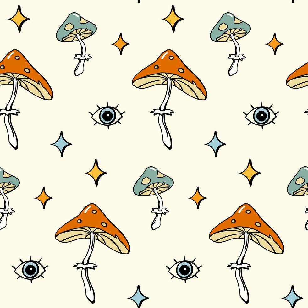 Toadstool mushroom eye and stars seamless pattern background design 70s retro style vector