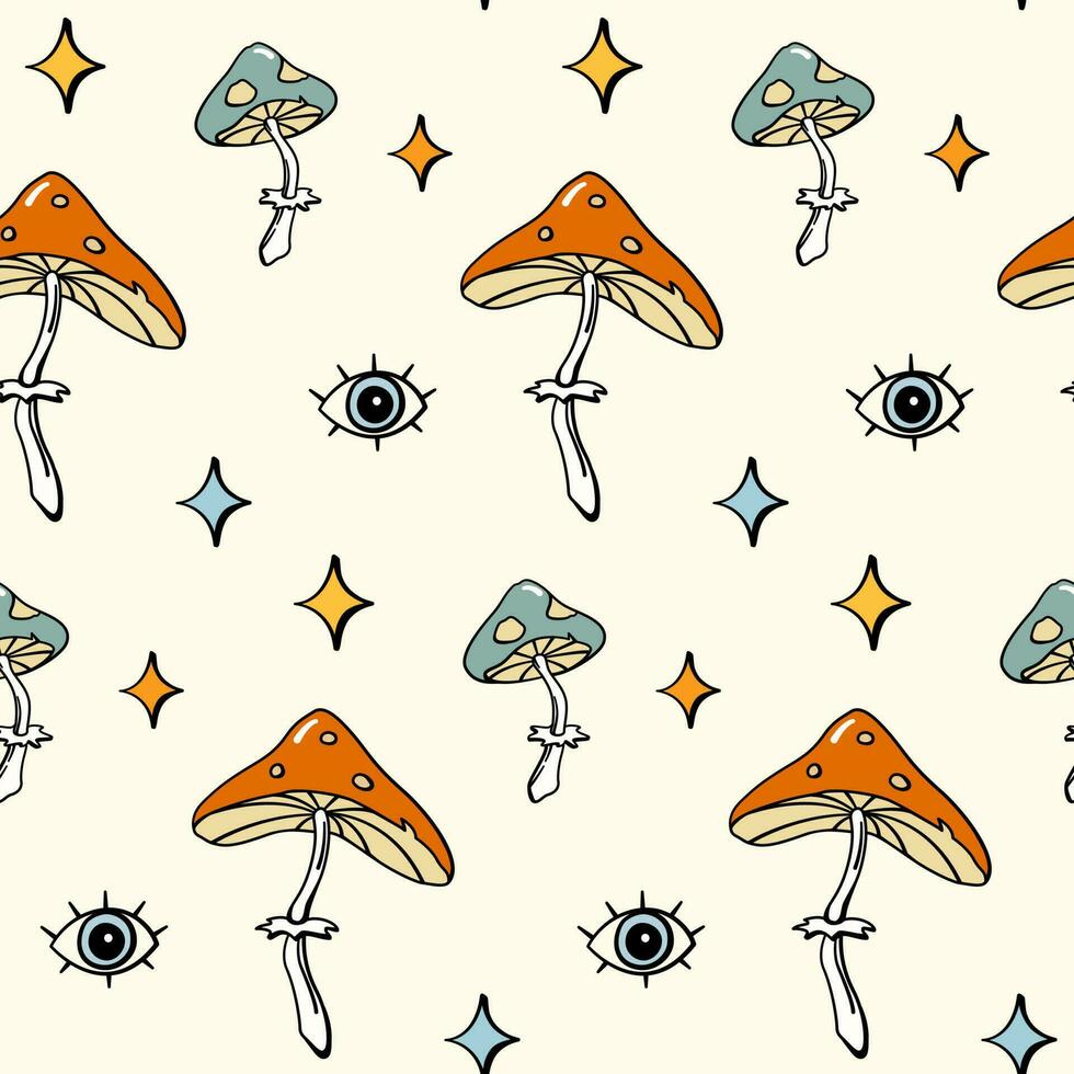 Toadstool mushroom eye and stars seamless pattern background design 70s retro style vector