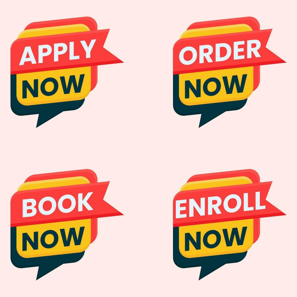book now apply now order now and enroll now label clipart set vector