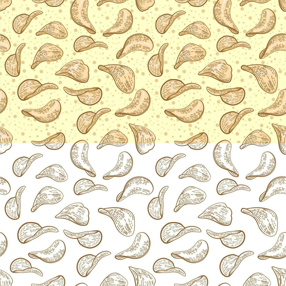 Seamless pattern potato chips. Hand drawn vector illustration. Food background, cartoon style vector.