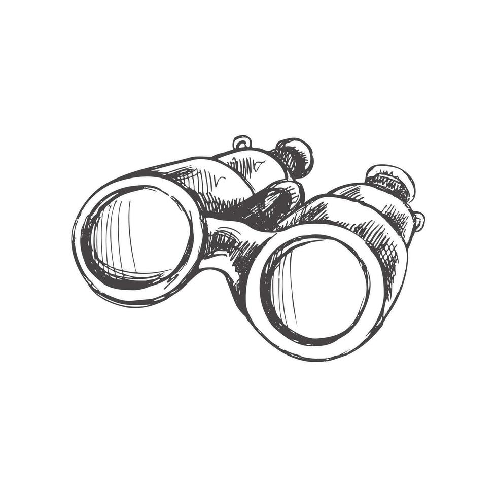 Hand drawn  sketch of binoculars. Vintage vector illustration isolated on white background. Doodle drawing.