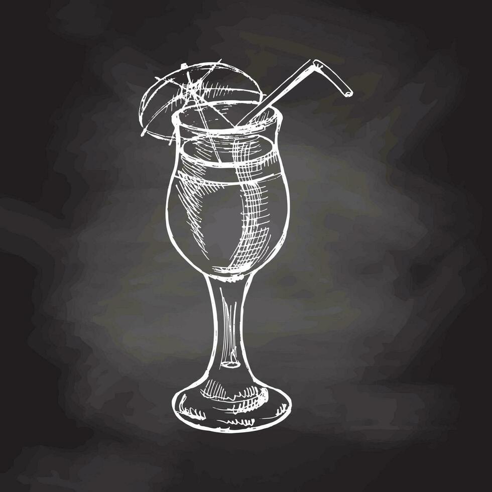 Hand drawn  sketch of cocktail with straw and umbrella. Vintage vector illustration of cocktail in glass  isolated on chalkboard background. Doodle drawing.