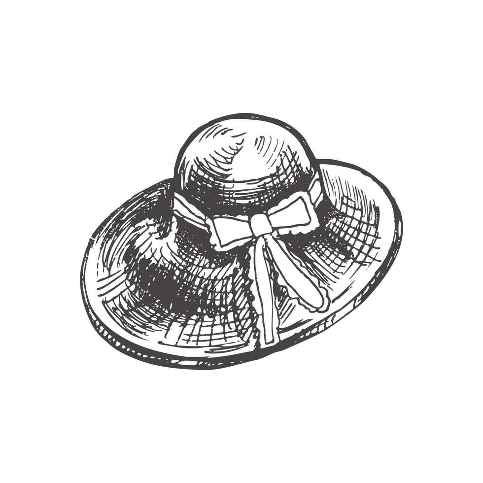 Hand drawn wicker straw hat sketch. Summer head accessory isolated on white background. Vintage vector illustration in engraving style.