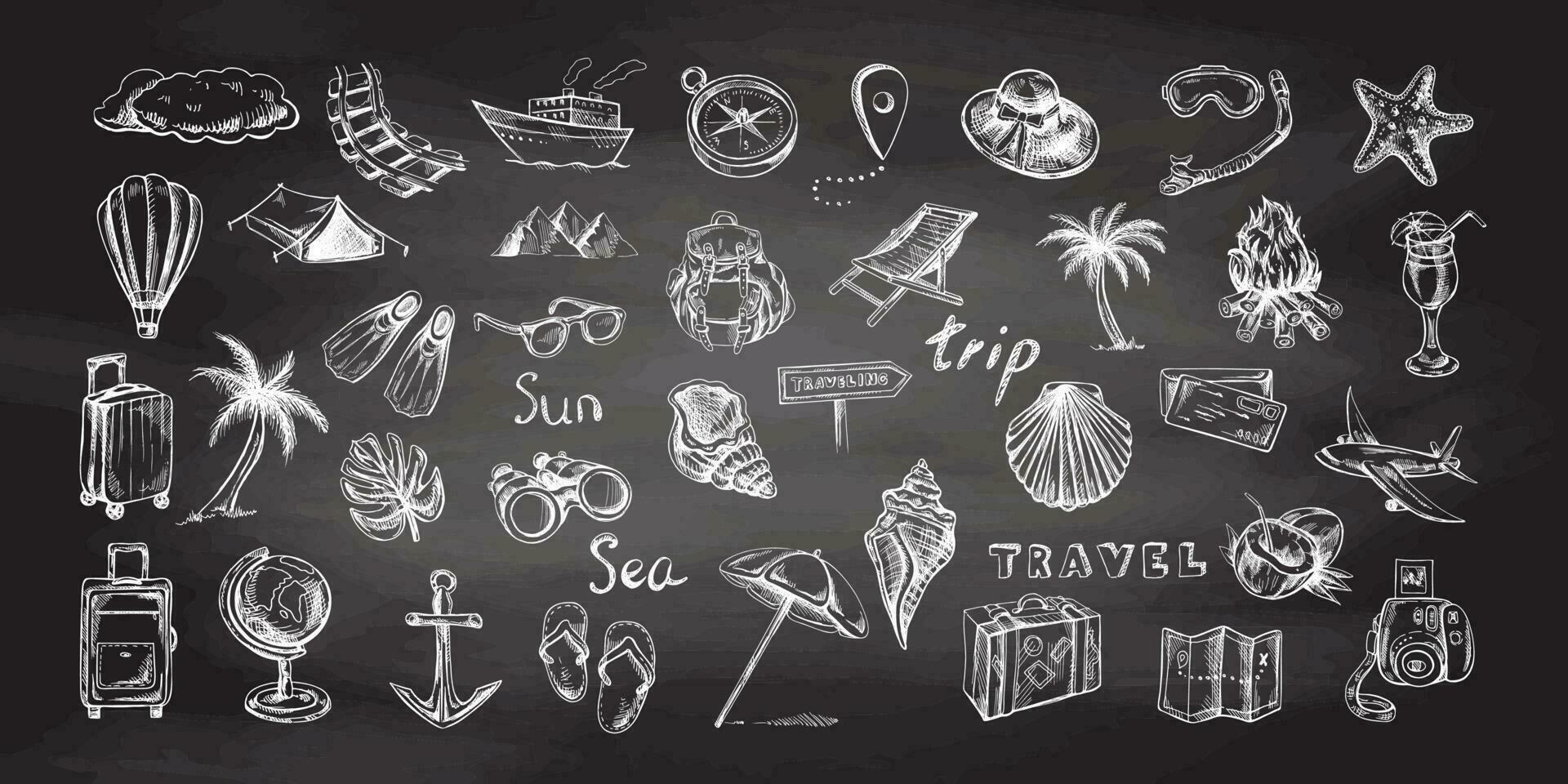 Hand drawn sketch set of travel icons. Tourism and camping adventure icons. vector
