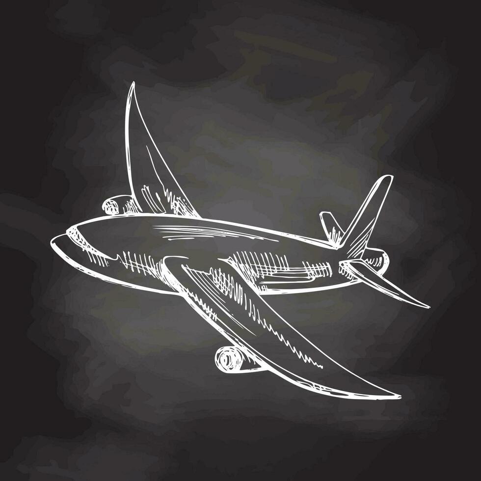 Hand drawn sketch of flying plane. Vintage vector illustration isolated on chalkboard  background. Doodle drawing. Digital technology.