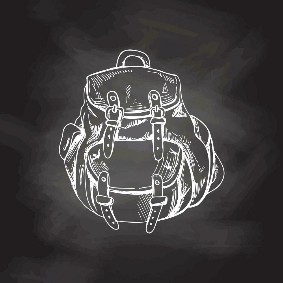 Hand drawn  sketch of camping backpack. Vintage vector illustration isolated on chalkboard background. Doodle drawing.