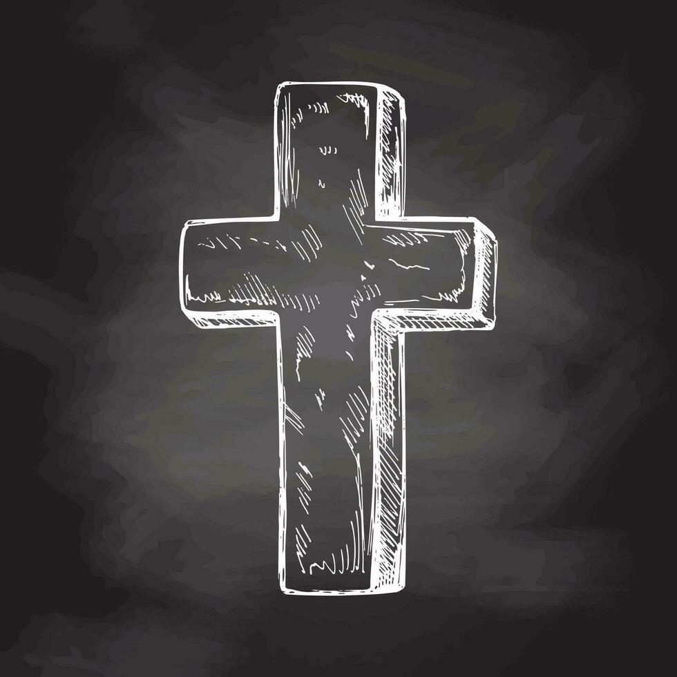 Old marble stone christ cross. Vector hand drawn isolated illustration on chalkboard background. Sketch symbol of Jesus, death, cemetery, christianity, religion, faith, trust and resurrection