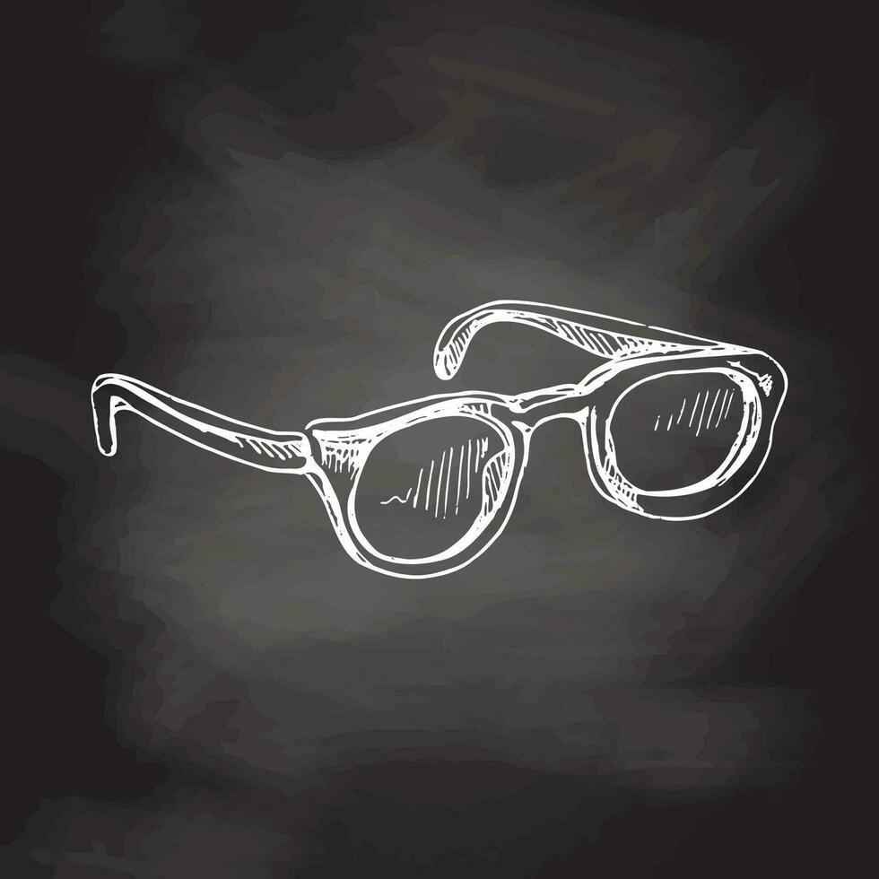 Hand drawn  sketch of sunglasses. Vintage vector illustration isolated on chalkboard background. Doodle drawing.