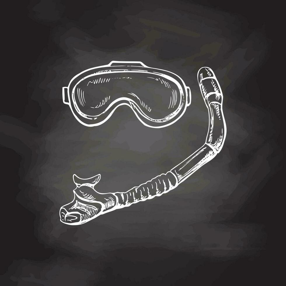 Hand drawn sketch of diving mask and snorkel, vector Marine concept elements. Engraving