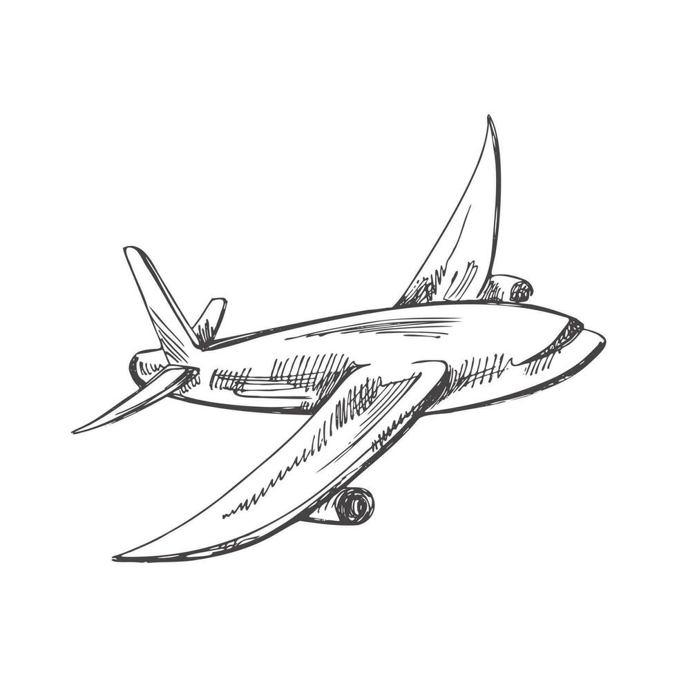 Hand drawn sketch of flying plane. Vintage vector illustration isolated on white background. Doodle drawing. Digital technology.