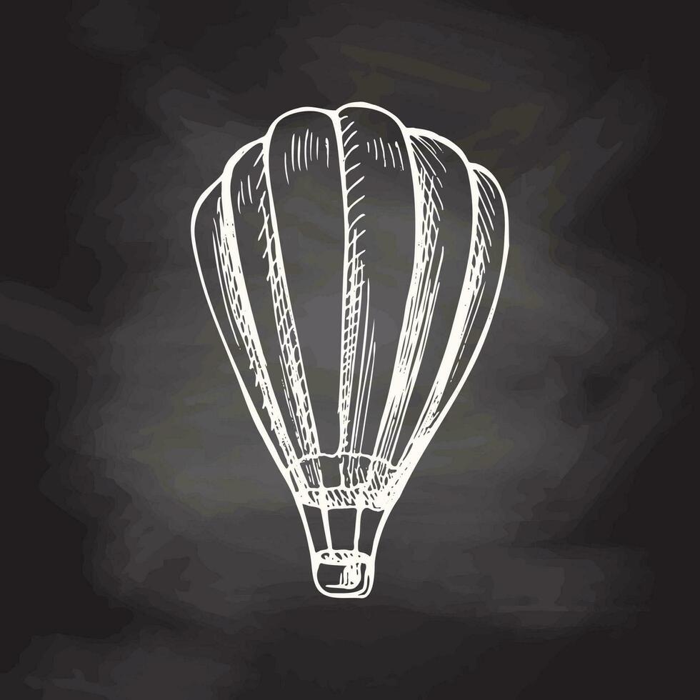 Hand drawn  sketch of hot air balloon. Vintage vector illustration isolated on chalkboard  background. Doodle drawing.