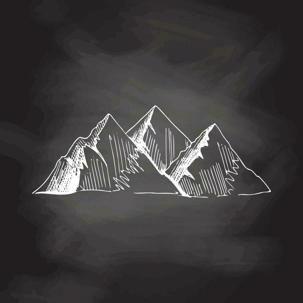 Hand drawn  sketch of mountains. Vintage vector illustration isolated on chalkboard  background. Doodle drawing.