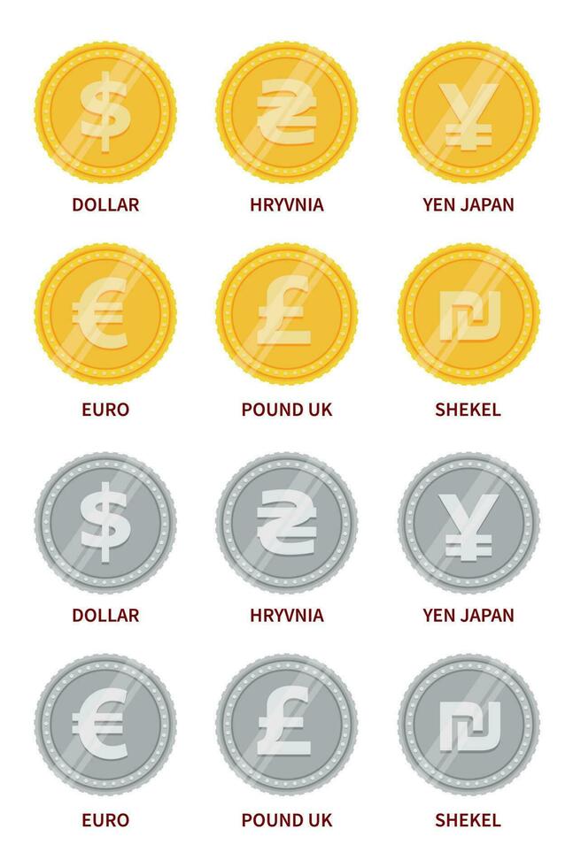 Vector set of currency signs in gold and silver color
