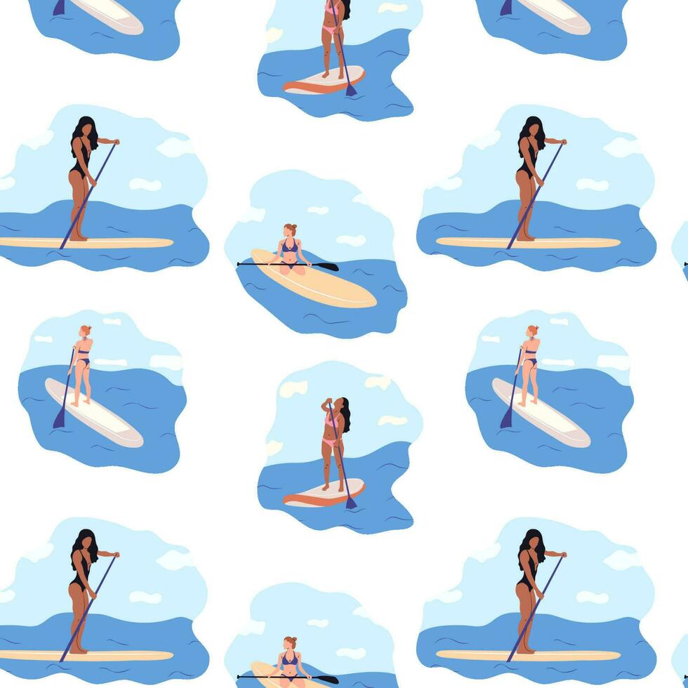 A seamless pattern of people on paddle boards in a blue ocean. vector