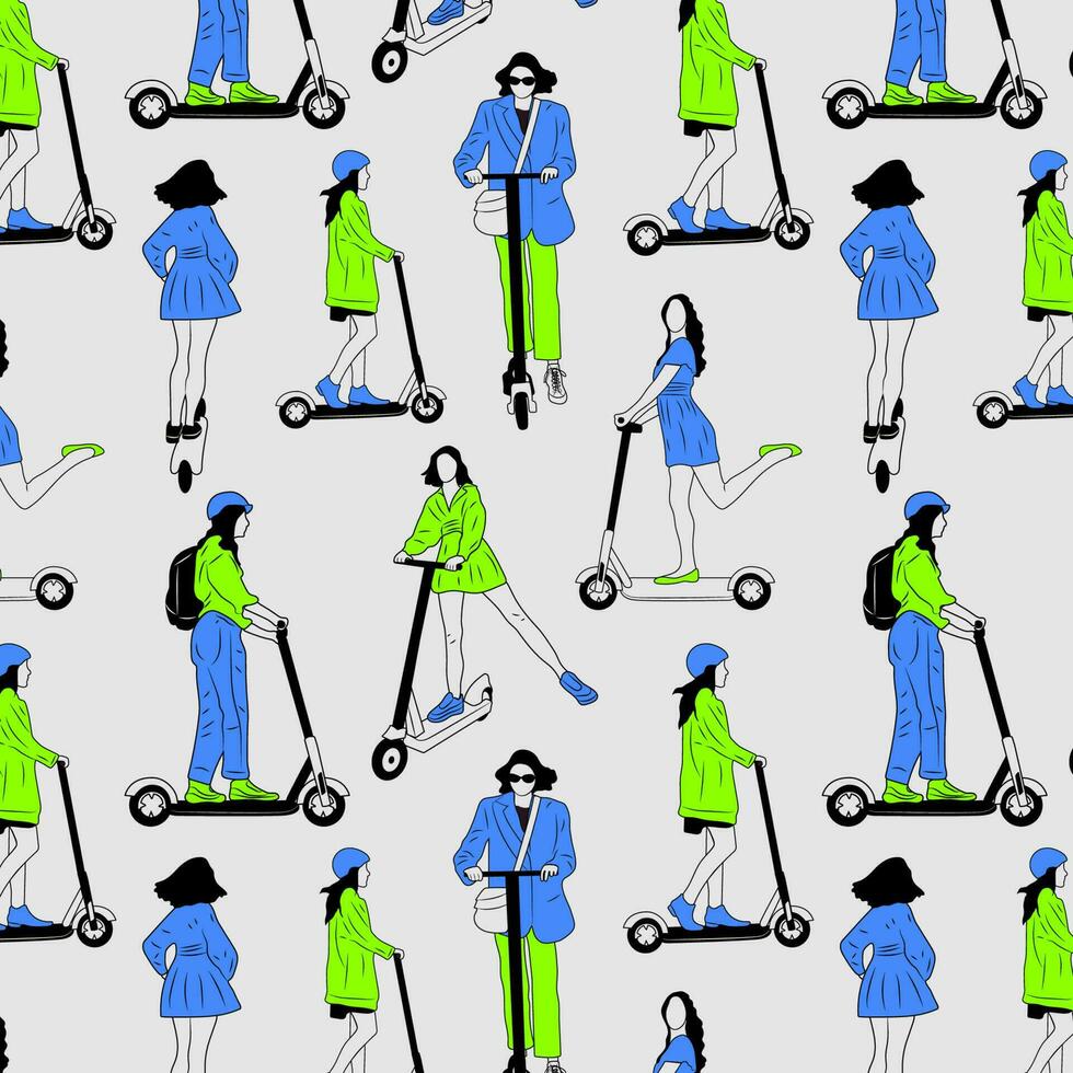 Seamless pattern with Young female characters with backpack ride modern urban transport electric kick scooter. Active hipster adult millennial uses lifestyle ecology technologies. vector
