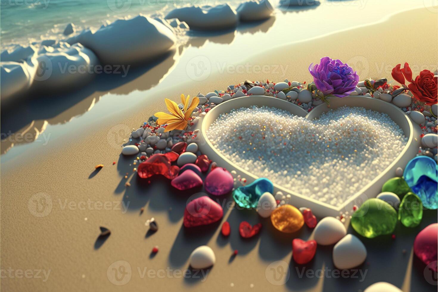 corazón rodeado por piedras y flores en un playa. generativo ai. foto