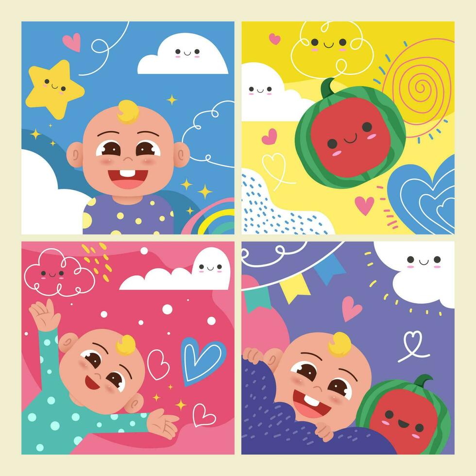 Cute Baby and Watermelon Character for Social Media Template vector