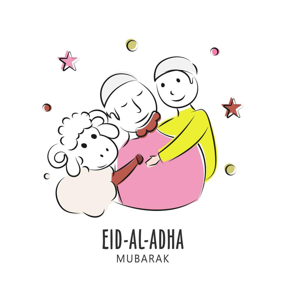 Pencil sketch of father carrying his son on his lap and sheep on white background for Eid-Al-Adha Mubarak celebration. vector