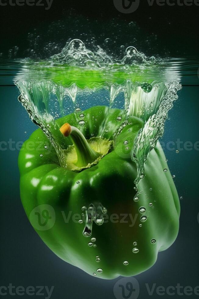 allí es un verde pimienta con agua salpicaduras en él. generativo ai. foto