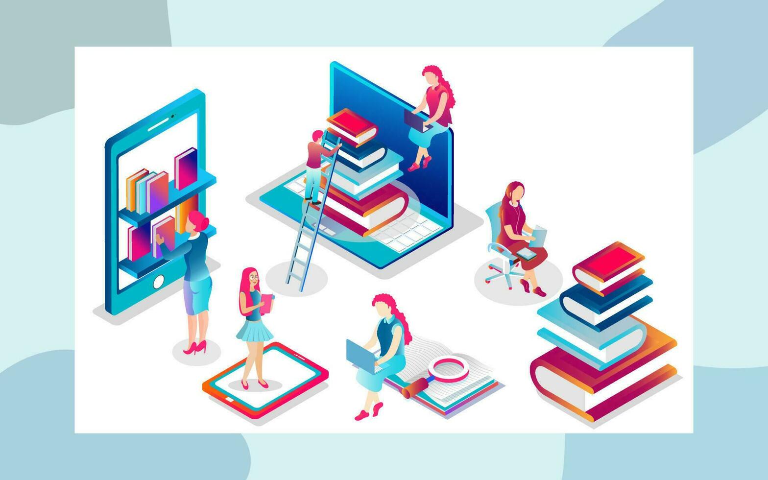 People character studying or preparing for Online library or E-learning concept based isometric design. vector