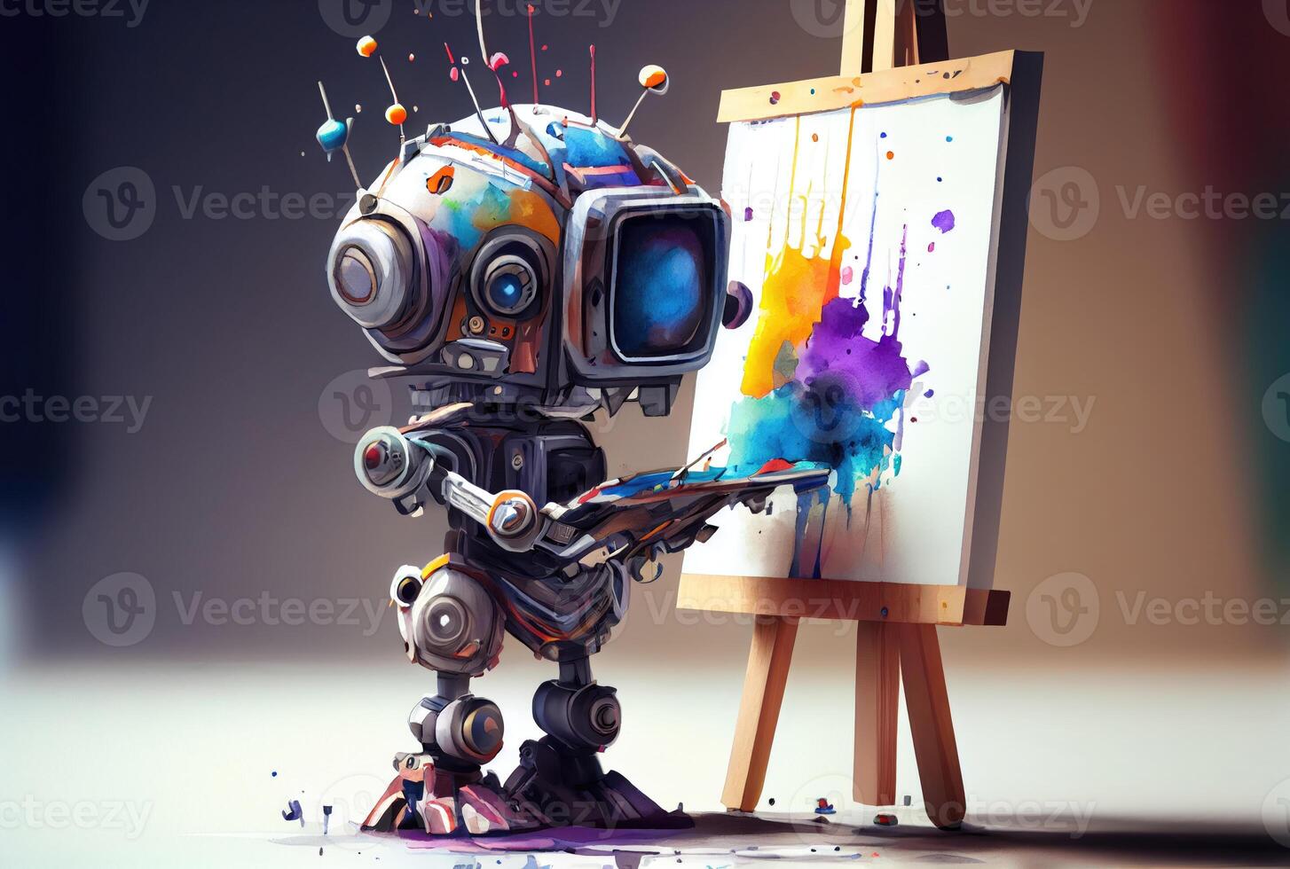 Cartoon robot learning by itself. Machine learning and Artificial intelligence concept. Self-learning innovation theme. photo