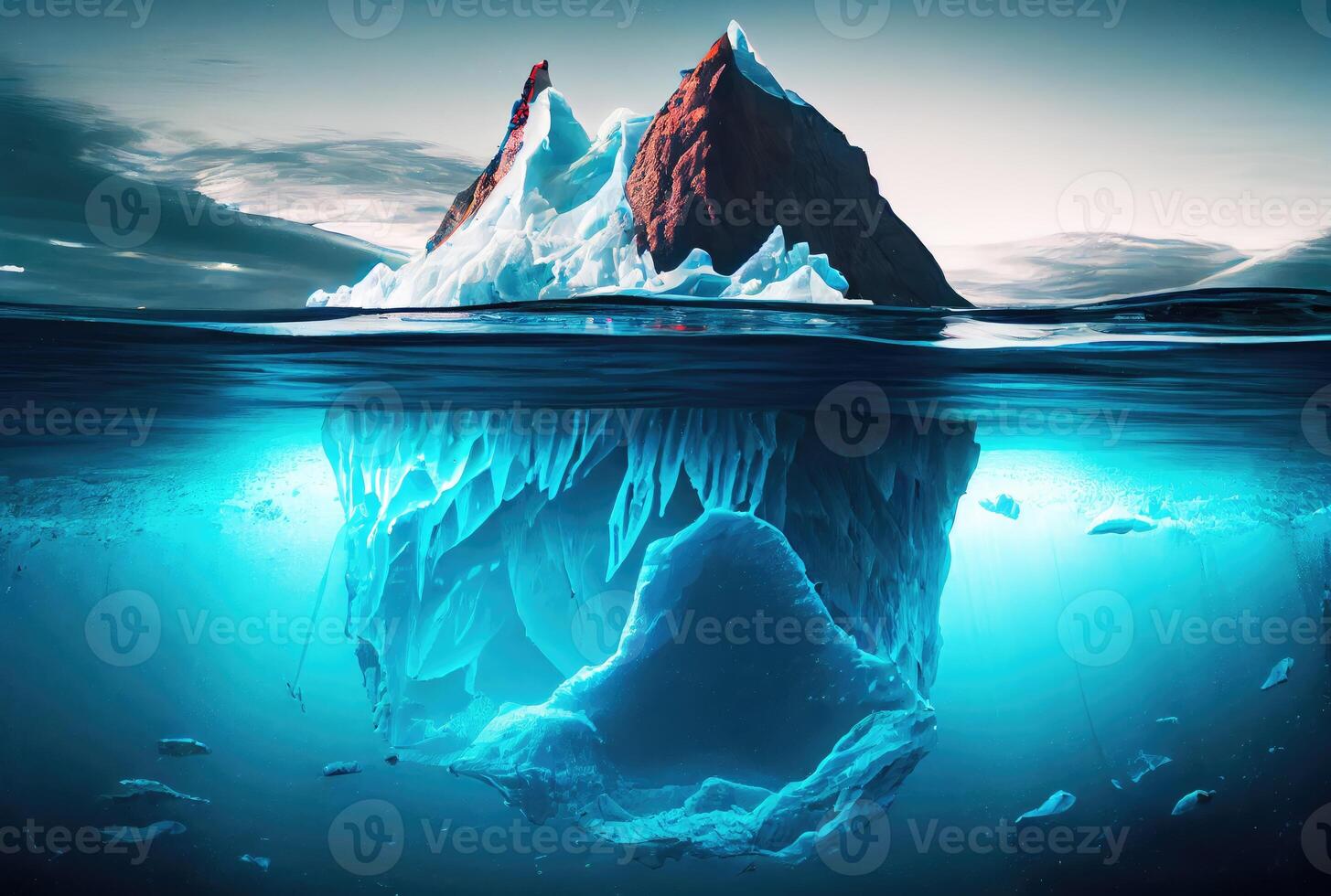 Big iceberg over the blue sea surface background. Landscape and business metaphor concept. Digital art illustration theme. photo