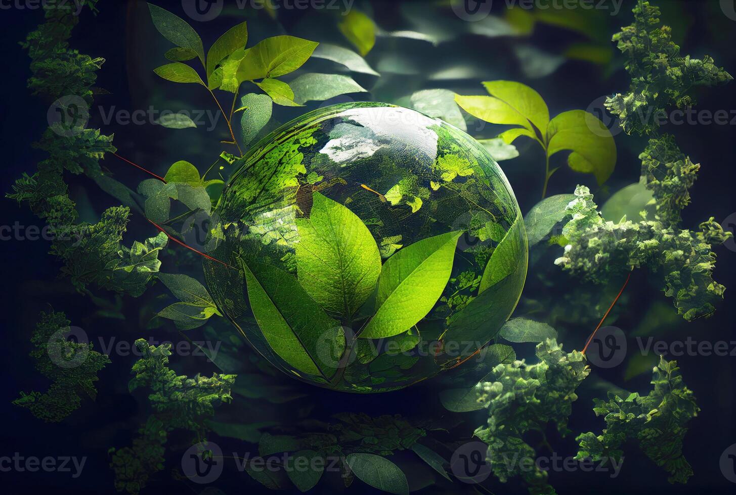 Water drop in earth shape with green leaves in the jungle. World Environment Day and World Water Day concept. Environmental protection theme. photo