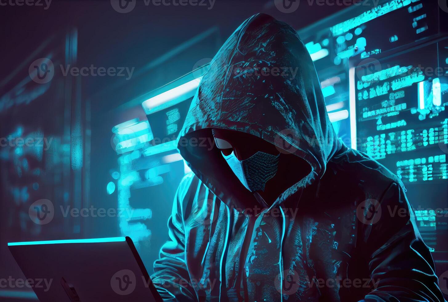 Hacker in the black hood in the server room. Unrecognizable people. Technology and Cybersecurity and Criminal concept. photo