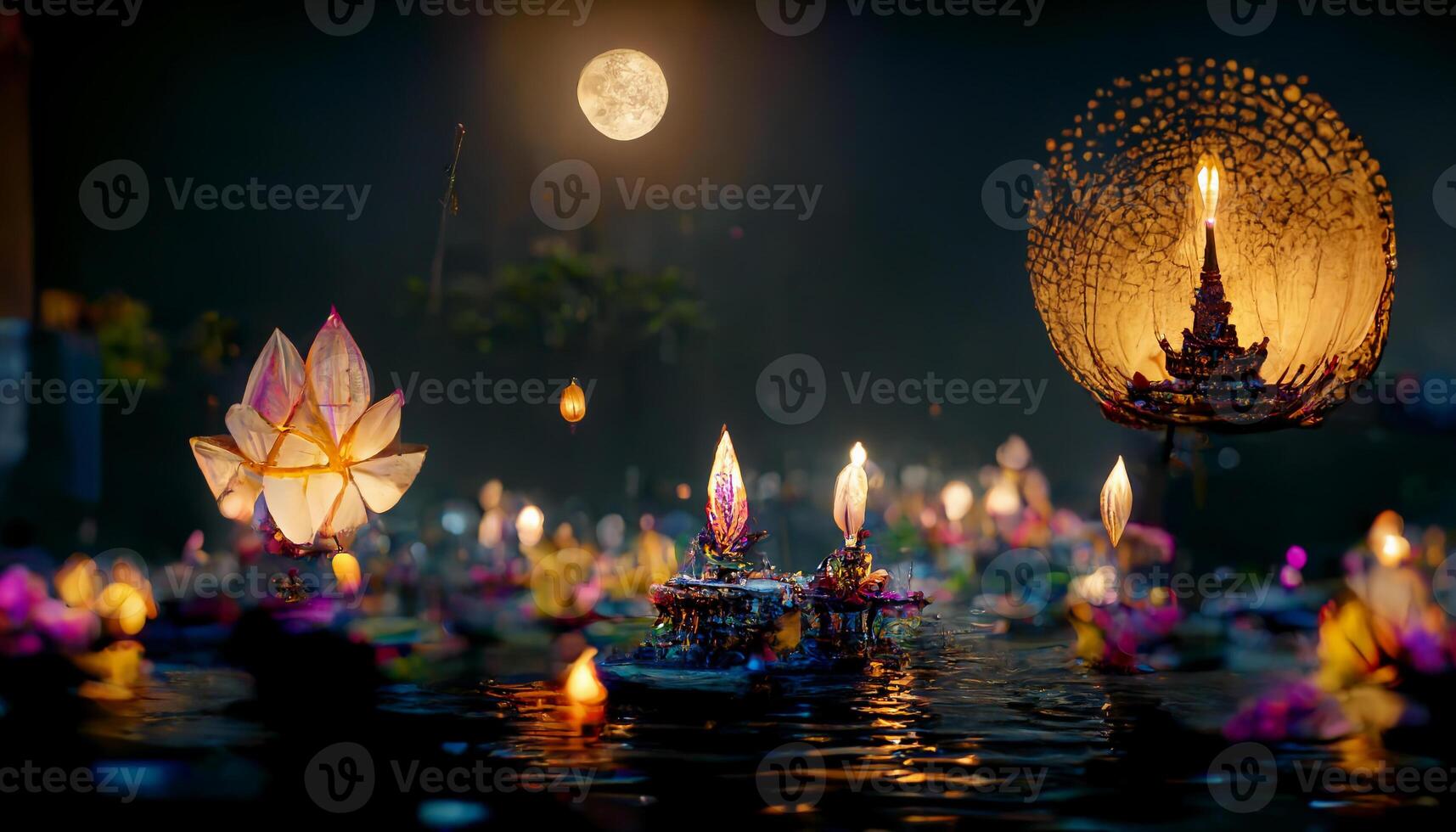 Loy Krathong festival with colorful candles light and full moon in Thailand background. Floating ritual banana leaves vessel or lamp and lotus flower into the water traditional. photo
