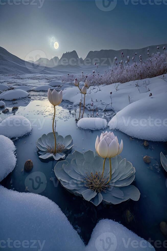 group of flowers sitting on top of snow covered ground. . photo