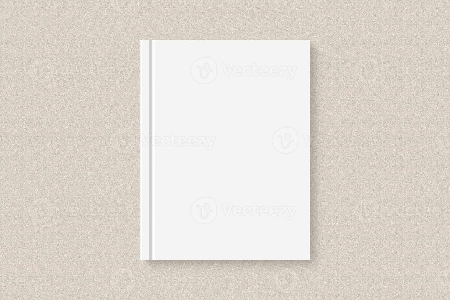 Realistic book blank cover mockup flatlay. Simple blank textbook mock up on clean background top view. White empty book cover to place your design, flat lay concept photo