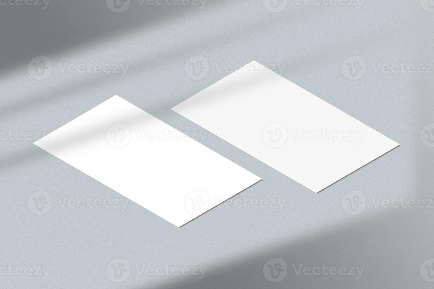 Realistic business card mockup isometric. Simple two blank business cards on an elegant background angle view. Two sides of business card mock up with shadow overlay effect photo