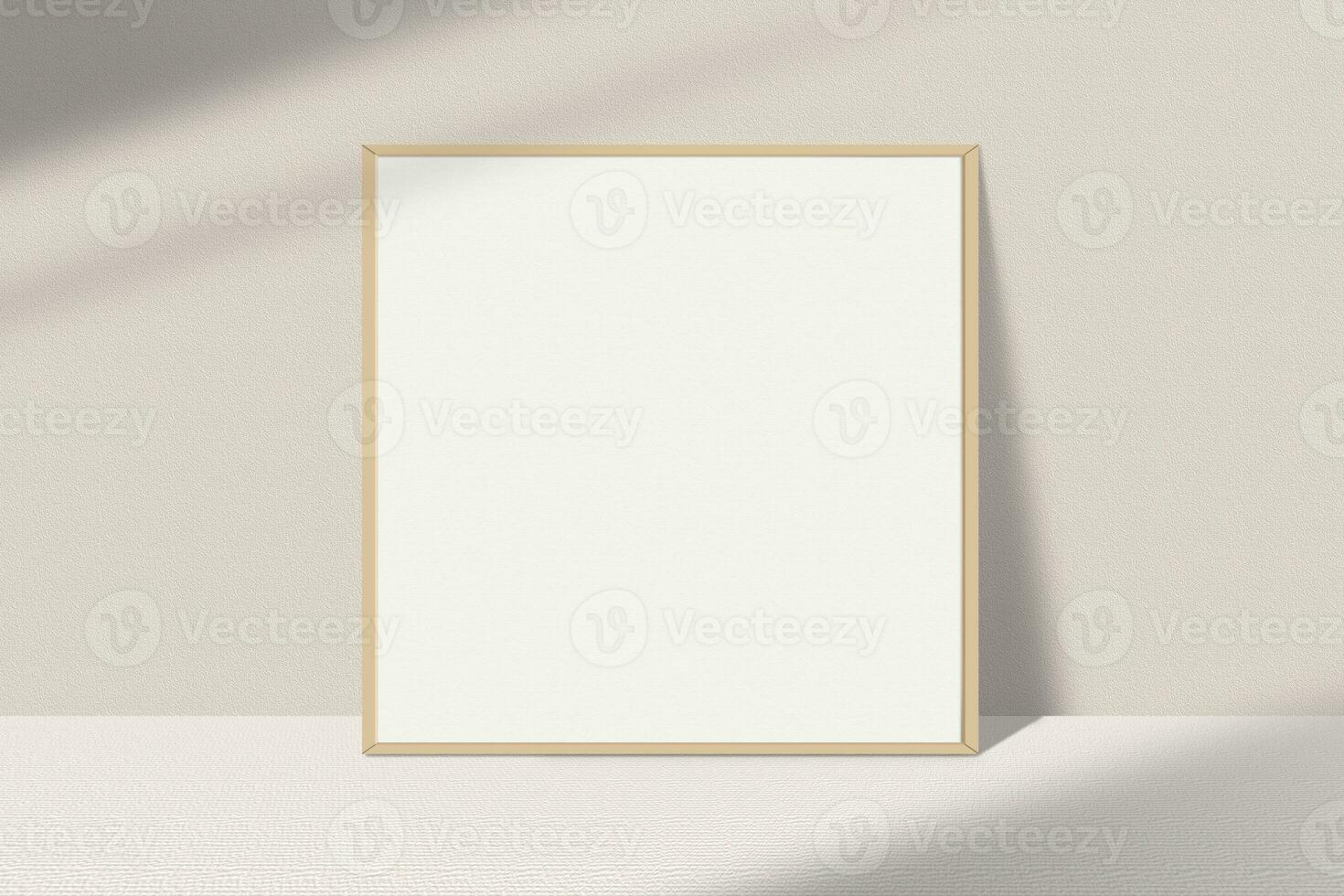 Realistic square photo frame mockup. Wooden frame mockup on the table with light window shadow overlay effect. Simple, clean, modern, minimal empty poster frame mock up. White picture frame mockup