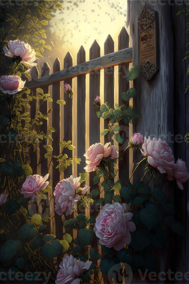 painting of pink roses growing next to a wooden fence. . photo