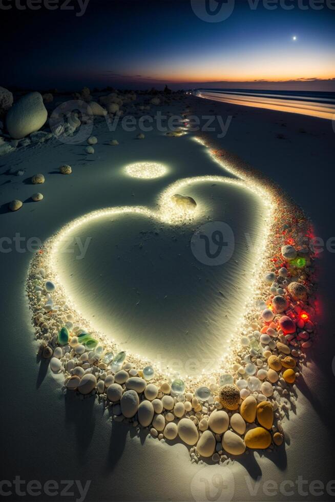 heart made out of stones on a beach. . photo