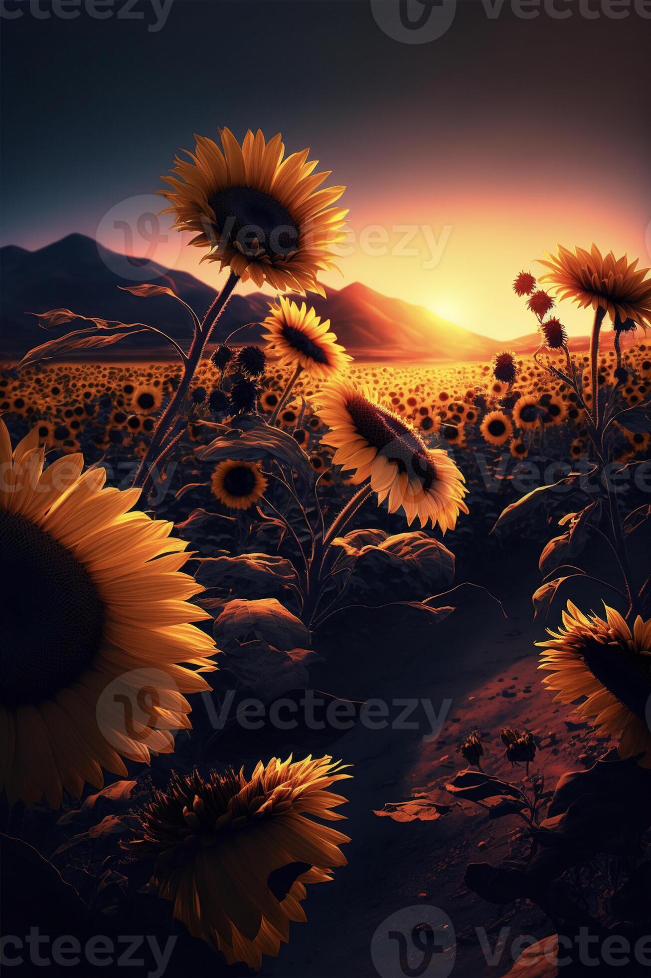 field of sunflowers with a sunset in the background. generative ai
