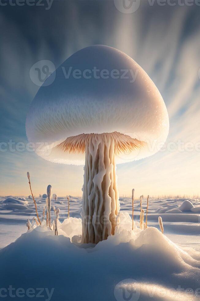 mushroom sitting on top of a snow covered field. . photo